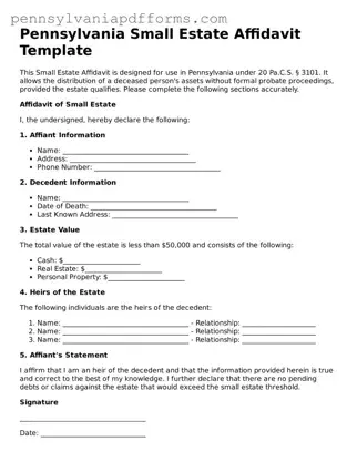 Fillable Small Estate Affidavit Document for Pennsylvania State