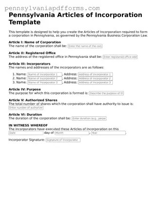 Fillable Articles of Incorporation Document for Pennsylvania State