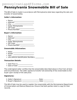 Fillable Snowmobile Bill of Sale Document for Pennsylvania State