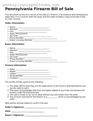 Fillable Firearm Bill of Sale Document for Pennsylvania State