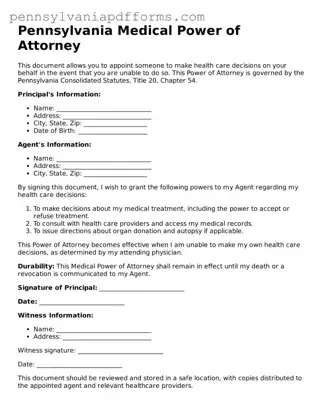 Fillable Medical Power of Attorney Document for Pennsylvania State