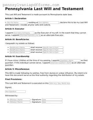 Fillable Last Will and Testament Document for Pennsylvania State