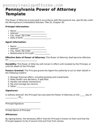 Fillable Power of Attorney Document for Pennsylvania State