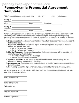 Fillable Prenuptial Agreement Document for Pennsylvania State