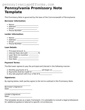 Fillable Promissory Note Document for Pennsylvania State